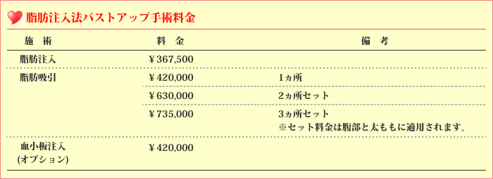 脂肪注入法バストアップ手術料金