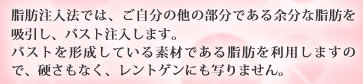 脂肪注入法では、ご自分の他の部分である余分な脂肪を
吸引し、バスト注入します。バストを形成している素材である脂肪を利用しますので、硬さもなく、レントゲンにも写りません。
